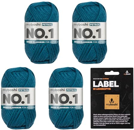 myboshi No.1 Wolle zum Häkeln und Stricken, Schnellstrickgarn, langlebige Mützenwolle, Strickwolle, Häkelwolle, mulesing-frei, Ll. 55m /50g, 30% Wolle (Merinowolle) Blau (Petrol) 4 Knäuel
