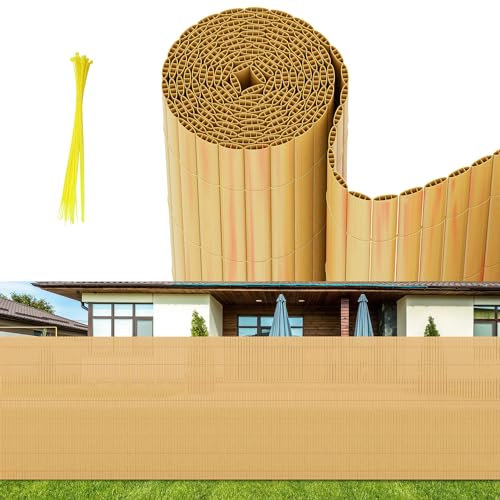 Vigevee PVC Sichtschutzmatte, Sichtschutzzaun 180x300cm Vervierfachen Verstärkung Innen, Balkon Sichtschutz mit Kabelbindern, Balkonverkleidung Windschutz für Balkon Garten, Bambus