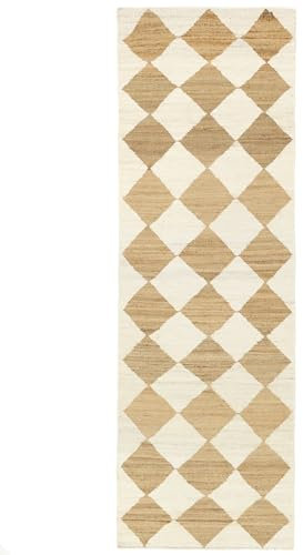 RugVista, Romboz Jute, Teppich, 90 x 050 cm, Läufer, Kurzflor, Orientalisch, Care & FAIR Zertifiziert, Wohnzimmer, Schlafzimmer, Terrasse, Flur, Balkon, Nur chemisch reinigen, Hellbraun/Naturweiß