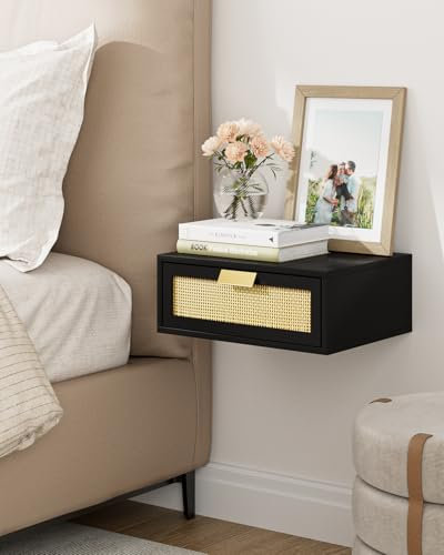 HEYZOEY Floating Bedside Table, Rattan Nightstand, Modern Floating Shelves with Drawer, Floating Drawer for Living Room,Bathroom,Bedroom,Black (No Assembly)