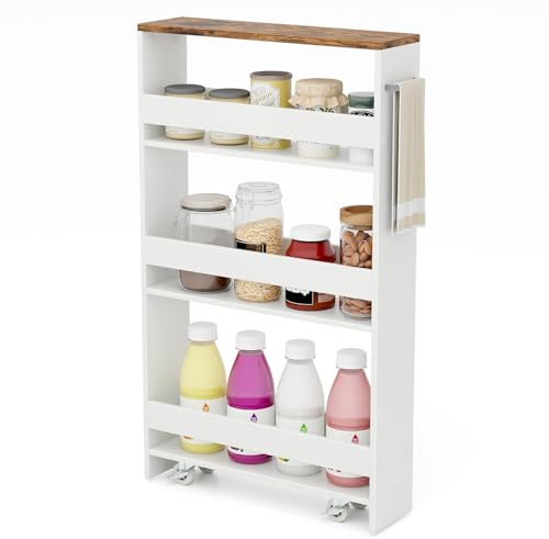 COSTWAY Nischenwagen 13cm breit, 4 Etagen Küchenwagen schmal, Nischenregal auf Rollen, Servierwagen mit Griff & Geländern, Badregal Holz, für Küche, Badezimmer, 47,5x13x80,5cm (Weiß+Braun)