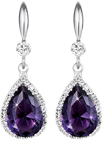 Linawe Silver Purple Dangle Earrings, Amethyst Crystal, Imitation Diamond Drop Chandelier Earrings for Women Trendy, Rhinestone Teardrop Dangly Earrings, Wedding Jewellery Set