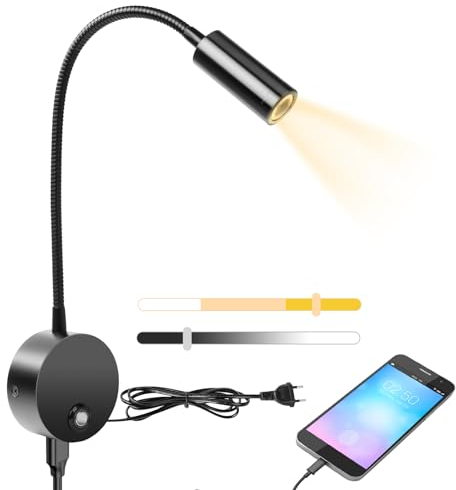 HOTUT Lampe de lecture murale, LED Col de Cygne Lumière avec interrupteur tactile et port de chargement USB,Liseuse murale, lampe de lecture à intensité variable, Applique Liseuse Orientable à 360 °