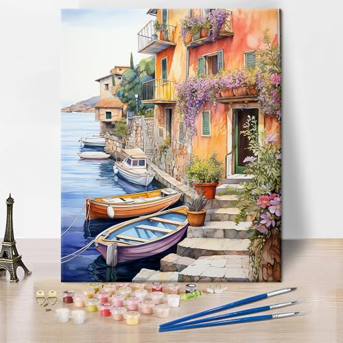 Kit de peinture aquarelle par numéros - Motif bateau - Port de village - Pour adultes débutants - Peinture par numéro - Paysage naturel sur toile - Sans cadre - Décoration murale - 40,6 x 50,8 cm