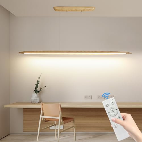 Mikeru Holzlineare Pendelleuchte, 130CM Naturholzfarbe Esstischinsel-Hängeleuchte, 3000-6500k Dimmbar Mit Fernbedienung, Für Esszimmer, Kücheninsel, Billardtisch, Einstellbare Seillänge 150CM