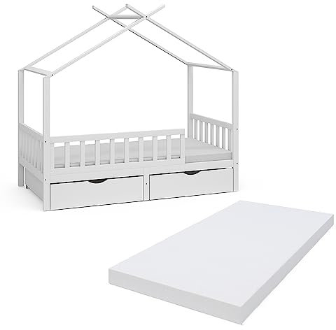 VitaliSpa Hausbett 80x160 cm Franka mit 2 Schubladen und Matratze - Weiß 166x154x86 cm gefertigt aus Bambus - Kinderbett ideal fürs Kinderzimmer, mit Rausfallschutz für Sicherheit in jeder Nacht