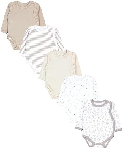 TupTam Baby Body Langarm – Wickelbody Langarm für Jungen & Mädchen, 5er Pack, 100% Baumwolle, OEKO-TEX, Farbe: Unisex Beige Sterne Streifen Igel, Größe: 80