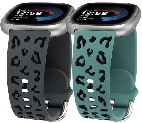 TOYOUTHS 2 Stück Leopard Gravierte Armband kompatibel mit Fitbit Versa 4/Versa 3/Sense 2/Sense Armband, Frauen Männer Zweifarbig Gepard Sport Solo Loop Silikon Armbänder für Versa 4, Schwarz/Grün