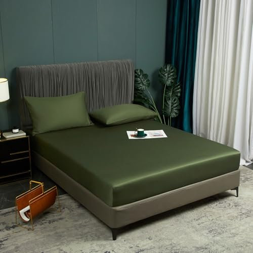 Luofanfei Spannbettlaken 180x200 Grün Olivgrün Boxspringbett Frottee Glänzend Sommer Kühlend Bambus Microfaser Bettlaken Uni Spannbetttücher für Hohe Matratze bis 25-30 cm
