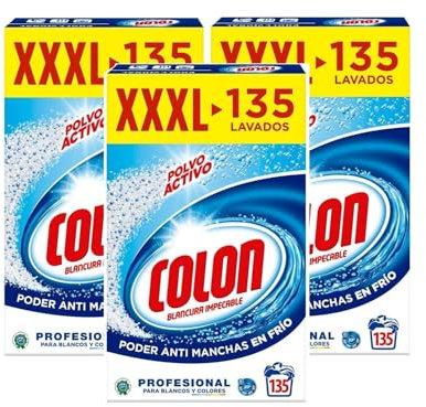 Colon Polvo Activo - Detergente para lavadora, adecuado para ropa blanca y de color, formato polvo - 135 dosis, 7.037 kg Paquete de 3, 390 Dosis