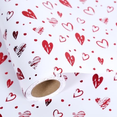 RayofSun Geschenkpapierrolle mit Folienherzen, goldfarbener Druck, Mini-Rolle, 43,2 x 3 m pro Rolle, rotes Herz-Design für Valentinstag, Hochzeit