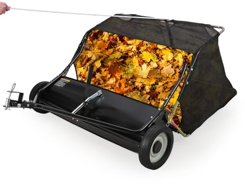 Garvee 42 Inch Lawn Sweeper Tow Behind, 24 cu.ft. Large Pull Behind Grass Sweeper, Heavy Duty Leaf & Grass Collector with Dumping Rope Design, Adjustable Sweeping Height for Picking Up Debris & Grass