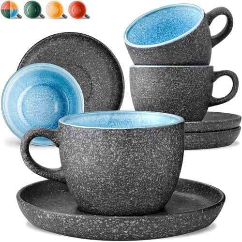 Cosumy Cappuccino Cups and Saucers Set of 4 – 200ml Ceramic Coffee Cups, 𝗘𝘅𝘁𝗿𝗮-𝗧𝗵𝗶𝗰𝗸 Stoneware, Handmade Reactive Glaze - Keeps Warm Longer (Blue)
