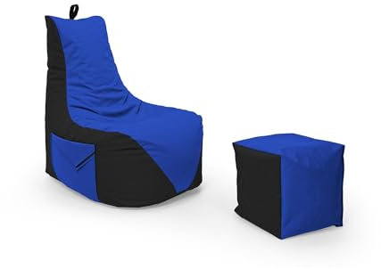 Nadimaideal Gamer Sitzsack Komfort XL - XXL für Kinder, Teenager & Erwachsene | Indoor & Outdoor | Sitzsack Gaming | Füllung EPS Perlen (Schwarz - Blau, Sitzsack XXL mit Hocker)
