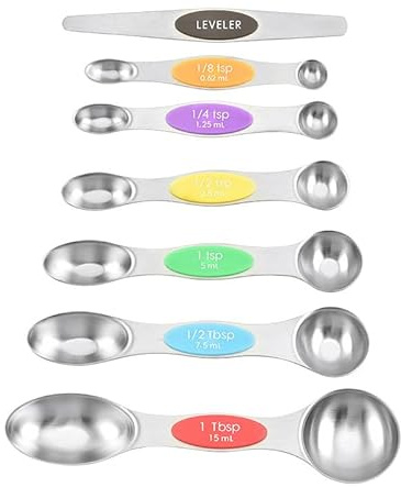Magnetic Measuring Spoon Set of 7 Stainless Steel,Narrow Measuring Spoons fit in Spice Jars for Dry & Liquid Ingredients,Stainless Steel Measuring Spoons