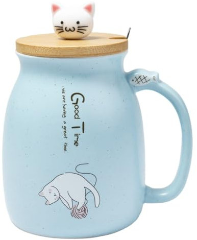 lachineuse TASSE CHAT KAWAII 450 ml - Grande Tasse avec Couvercle et Cuillère Contenance - Mug à Infusion, Thé, Café - Tasse Japonaise Originale - Kitty Mignon - Couleur Bleue