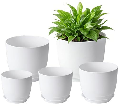CHUENKUK 10 Pieces Pot de Fleurs Blancs, Pot Plante Interieur Plastique, Cache Pot avec Plateau pour Balcon/Potager/Plantes d'exterieur, 5 Sizes
