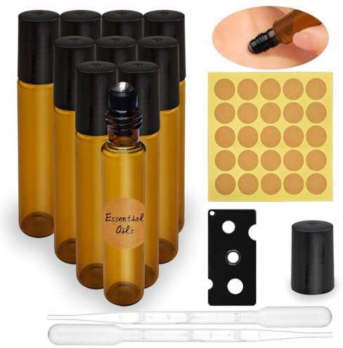 SHSMPXOY 10PCS Roller Ball Bottles for Essential Oils 10 ml Rollerball Bottles With Stainless Steel Ball Essential Oil Roller Bottle for Fragrance,Aromatherapy,Perfume(Brown)