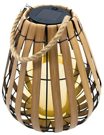 Solar Laterne mit LED Kerze in warm weiß mit Flackereffekt - 30 x 25 cm - Gartenleuchte in Holz Optik mit Jutekordel zum Hängen - Garten Deko Beleuchtung Solarlampe Dekoleuchte Außenleuchte