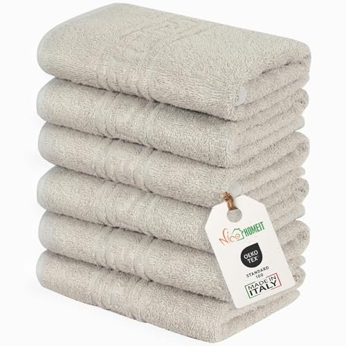 nice homeit Juego de 6 Toallas de Cara y Manos de 40 x 60 cm – Toallas de baño de 100% algodón Hilado en Anillo – Extra Suave y Absorbente. Fabricado en Italia (Tortòra)
