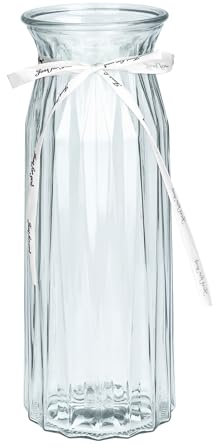 TSKDKIT Blumenvase Klar Glasvase für Tischdeko 29x10cm Modern Schmale Vase mit Schleifenband Boho Transparente Dekorative Kristall Vasen für Pampasgras, Tulpen, Rosen, Home Wohnzimmer Büro Dekor(Grau)