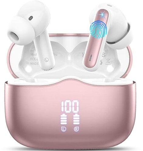 Wireless Earbuds, Bluetooth 5.4 Headphones in Ear 3D Bass Stereo, 40H Wireless Earphones with 4 ENC Noise Cancelling Mic, IP7 Waterproof Bluetooth Earbuds LED Display, Hands-Free Calls with AI, Rose