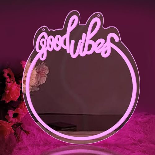 Good Vibes Mirror Neon Sign Pink Neon Art Sign for Wall Decor LED Neon Mirror Light Up for Girls Room Bedroom Makeup Vanity Wedding Birthday Party
