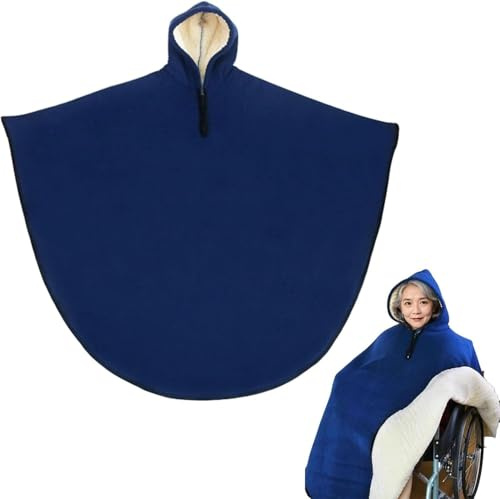 Tmendy Hooded Warm Wheelchair Blanket Poncho – Fleece-Lined Cold-Proof Wheelchair Shawl for Adults, Elderly & Mobility Impaired, Winter Thermal Cloak for Outdoor Comfor Blue