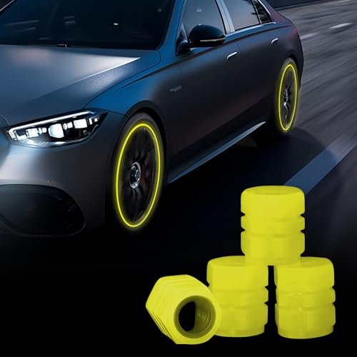 4 Stück Ventilkappen Auto Leuchtend,Autoreifen Ventilkappen,Fluoreszierende Reifenventilkappen,Leuchtendes Auto Reifenventil,Universelle Autoventil Kappe Ventildeckel für Fahrräder,Motorräder (Gelb)