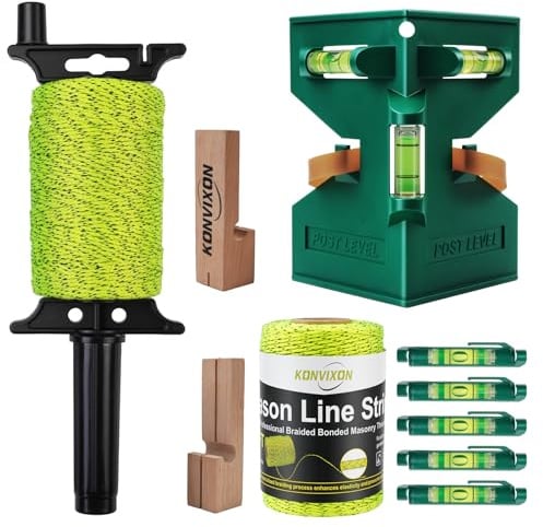 Konvixon Masonry Line String with Post & Pipe Level, 5 Line Levels,2 Beech Wood Line Blocks,2 Rolls 540FT #18 Mason Line & Reel,Dual Color High Visibility,for Bricklaying,Alignment（Fluorescent Yellow）