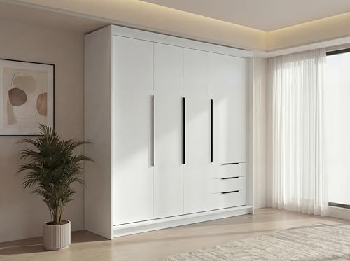 A&J MöbelLand KLARI Kleiderschrank 4-türig mit 3 Schubladen – 200 x 215 cm – Drehtürenschrank mit Kleiderstange und Einlegeböden