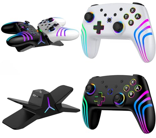 Reddening Lot de 2 Manette Switch 2 avec Station de Charge, Manette Switch pour Switch 2/Switch/Lite/OLED/PC, Manette Switch 1 avec RGB/Réveil/Gyroscope/Double Vibration/Turbo/Capture (Noir et blanc)