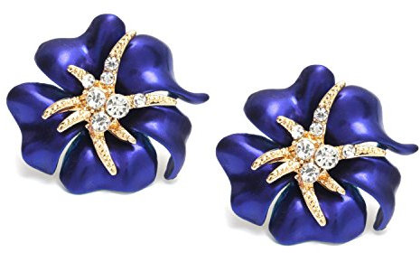 Idin Jewellery - Blue Hibiscus Flower With Crystals Screw Back Clip On Earrings