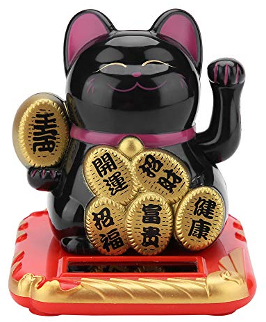Zerodis Solarbetriebene Maneki Neko Glückliche Katze Begrüßung Katze Entzückende Winken Glücksbringer Glücksschwarzes Gold Weiß für Home Car Decor(Schwarz)