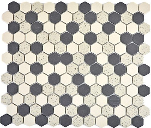 Carrelage mosaïque en céramique beige noir Hexagaon non laqué pour mur de salle de bains - Plaque mosaïque mosaïque - 10 tapis de mosaïque