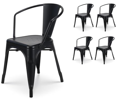 Kosmi - Lot de 4 chaises en métal Noir Mat Style Industriel - avec accoudoirs