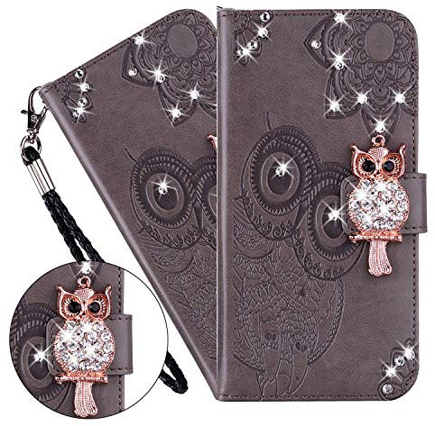 LEMAXELERS Galaxy A21S Hülle,Für Samsung Galaxy A21S Handyhülle Glitzer Diamant Eule Blume Prägung Flip Case PU Leder Cover Magnet Schutzhülle Ständer Handytasche für Samsung Galaxy A21S,YK Owl Gray
