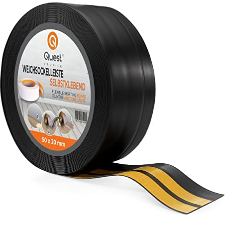 Quest Weichsockelleiste Selbstklebend - 50 mm x 20 mm - Sockelleiste PVC, Flexible Abschlussleiste, Knickleiste für Küche, Badezimmer, Wand, Boden - Dekorativ, UV-Beständig - 20 Meter, Schwarz