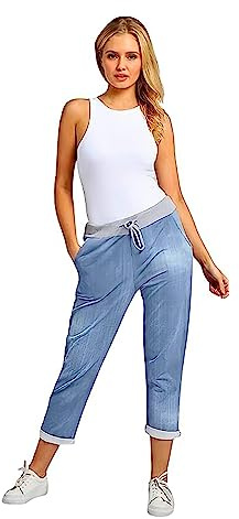 H&F ® Women’s Ladies Denim Jogger Floral, Star Printed Sweatpants Ribbed Waistband Trousers Ladies Causal Summer Jogger Drawstring Italian Gym Running Pants-Size 8-22 (Denim Light, 16-18)