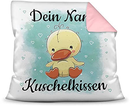 PR Print Royal Kissen mit Füllung für Kinder - Tiermotiv Ente - für Mädchen und Jungs - mit Wunschname beschriften - Ente - Farbkissen Rückseite Rosa, 40 x 40 cm