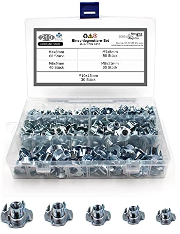 210 teiliges Set Einschlagmuttern mit 4 Einschlagspitzen ähnlich der DIN 6930 / verzinkter Stahl Größen M4 M5 M6 M8 M10
