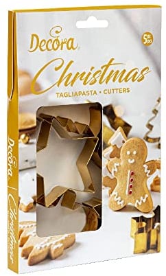 Decora 0255410 Set 5 Tagliapasta Christmas In Acciaio Dorato, In Plastica, Il Kit Ideale per Creare Decorazioni in Pasta di Zucchero o di Gomma, Made in Italy, Design originale. Confezione da 5 pezzi.