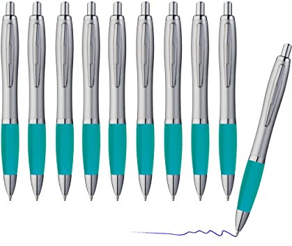 sin4sey 10er Set Kugelschreiber - trendiges Design mit Großraummine blau schreibend (Silber-Türkis)