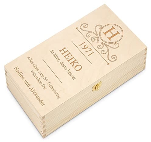Maverton Deco Weinkiste mit Gravur - aus natürlichem Kiefernholz - Verpackung für 2 Weinflaschen - Weihnachtsgeschenke - zum Geburtstag für Männer - personalisierbares Geschenk - Initial