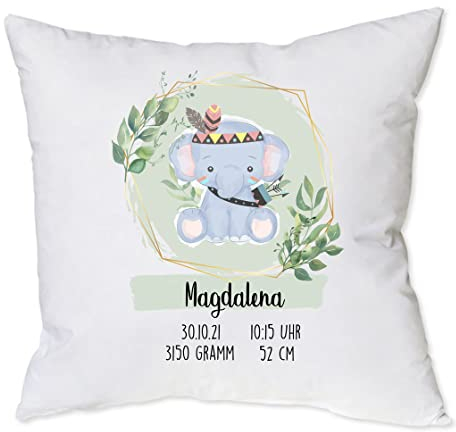 minimutz Kissen zur Geburt mit Namen personalisiert | Motiv Elefant Boho mit Geburtsdaten 40 x 40 cm | Geschenk Geburt Taufe Deko-Kissen für Baby-Zimmer Weiß/Seegrün Kissenhülle