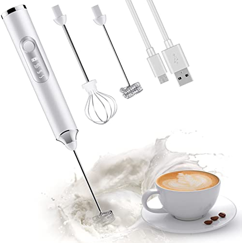 ADOV Handheld Milk Frother, Rechargeable Stainless Steel Coffee Whisk with 2 Heads and 3-Speed Foam Mixer, Electric USB Egg Beater for Latte, Cappuccino, Matcha, Hot Chocolate, Smoothies