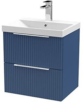 Hudson Reed DFF392D Fluted Modern Bathroom Wall Hung 2 Drawer Vanity Basin Unit with Thin-Edge Ceramic Basin, 500mm, Satin Blue