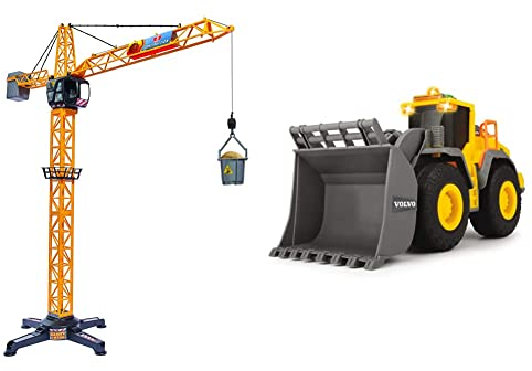 Dickie Toys 201139013 Giant Crane, elektrischer Spielzeug Kran, ferngesteuert, 100 cm hoch & QDKT062032 Volvo Radlader, Spielzeugbagger, Bagger, Lader, Baustellenfahrzeug, 23 cm, gelb/grau