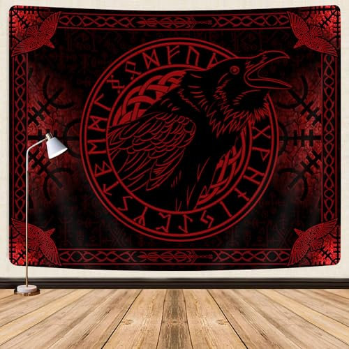 Wikinger-Tapisserie, nordische Wikinger-Rabenkrähe, Meditations-Runen, Wanddekoration, antike Kunst, roter Wandteppich, griechische Mythologie, ästhetischer Gothic-Wandteppich für Schlafzimmer,