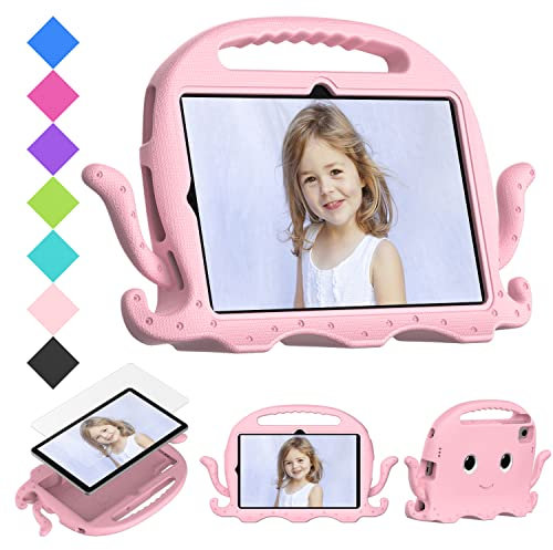 Tablet Case + Screen Protector For Samsung Galaxy Tab S6 Lite 10.4 2020/2022 P610/615/613/P619, Kids Friendly Case with Octopus Stand Handle, Foam Lightweight Shockproof, + Shoulder Strap Pink